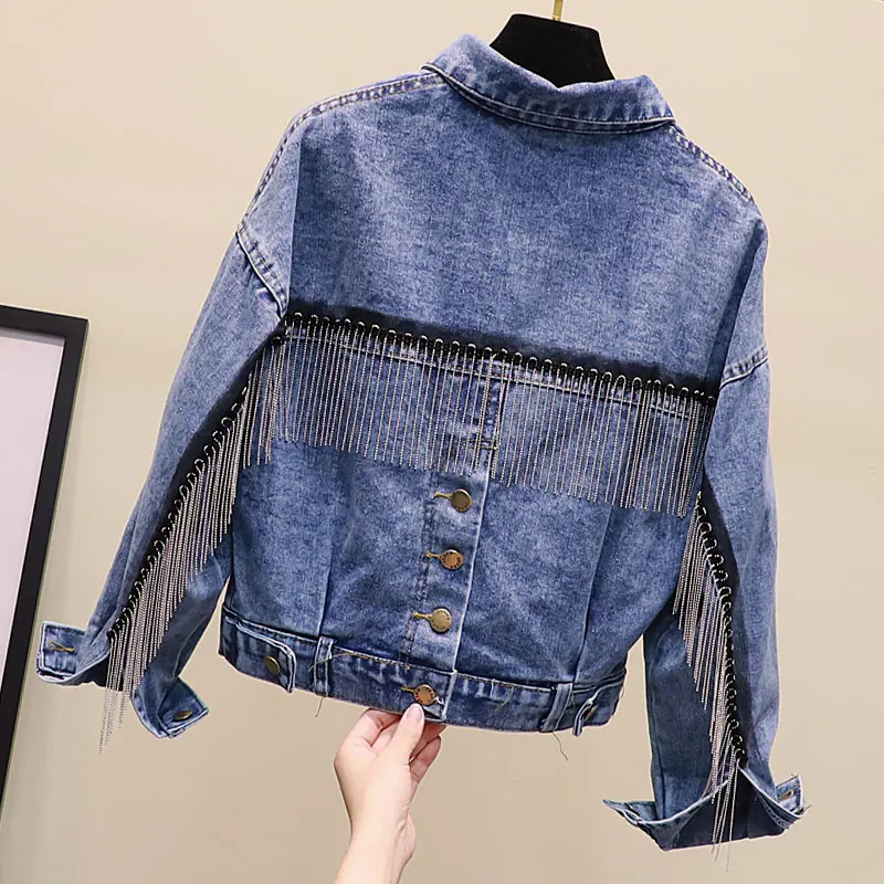Весеннее платье с длинными рукавами и бахромой джинсовый жакет куртка для женщин