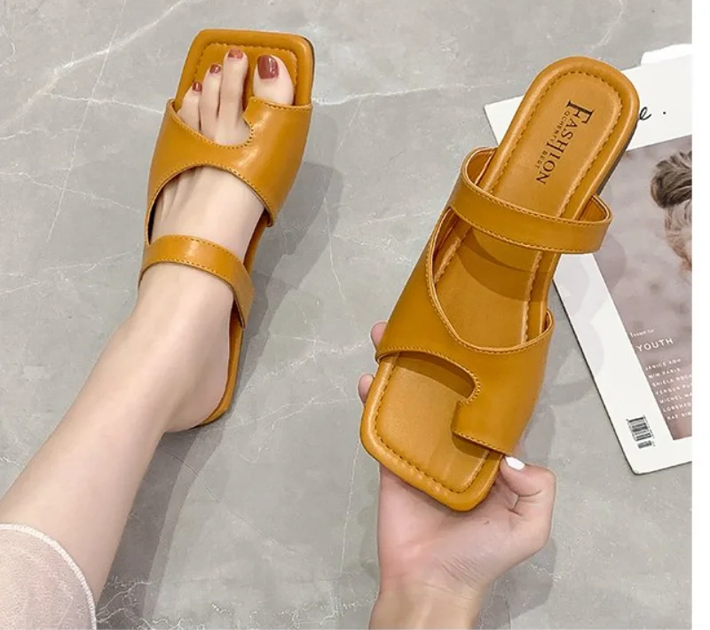 

Шлепанцы женские кожаные, сандалии на плоской подошве, квадратный носок, сланцы, летняя обувь