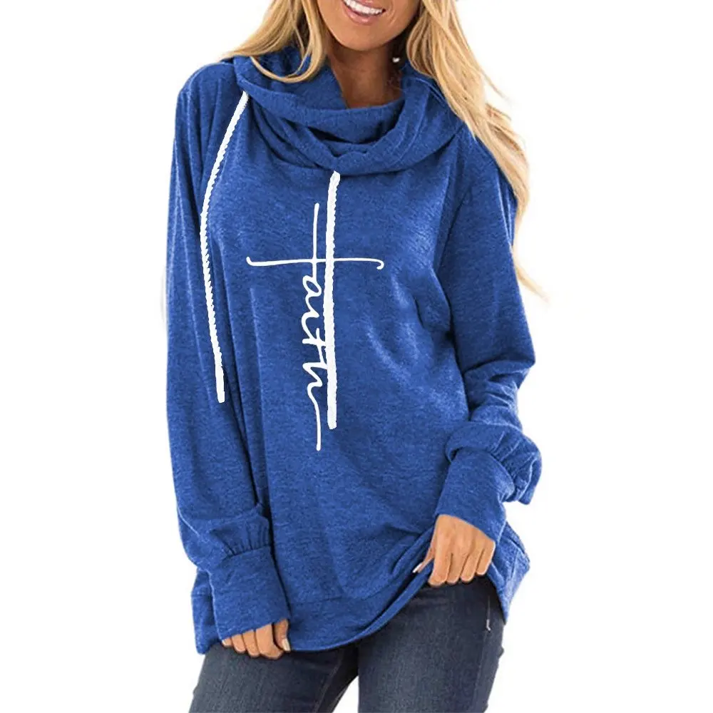 

Women Hoodies Solid Tops Print Letter Cross Faith Sweatshirt Autumn Casual Long Sleeve O Neck Pullover Clothing