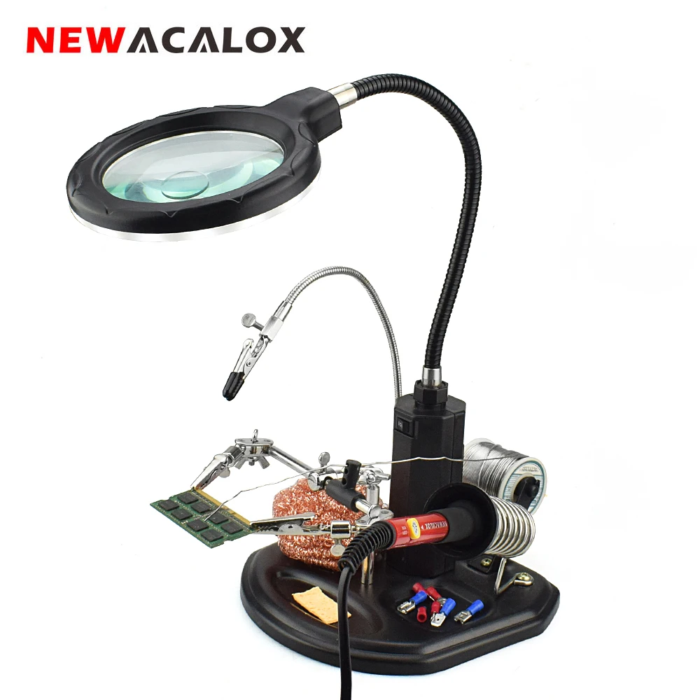 NEWACALOX 2.5X/4X светодиодный лупа USB станция для пайки Рука помощи рабочего стола увеличительное стекло Стенд сварка ремонт вспомогательный инструмент