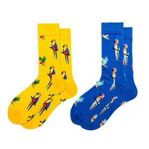 Забавный попугай хлопок Мужские матросские носки повседневное Happy синего и желтого цвета весенние, летние носки осень Стиль 2 предмета в упаковке