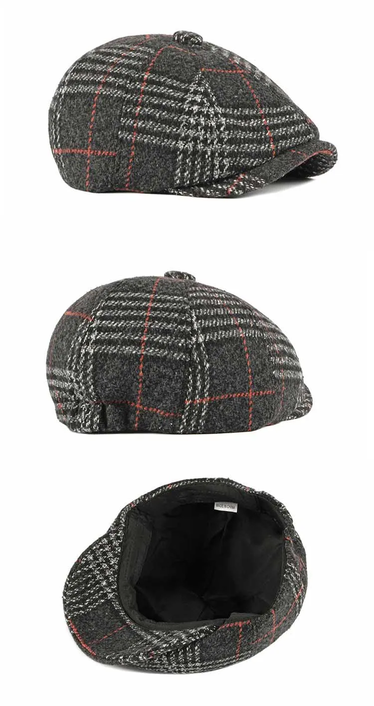 Fibonacci Autumn Winter Wool Beret Men Dad Hat Brand Quality Plaid flatcap vintage newsboy cap