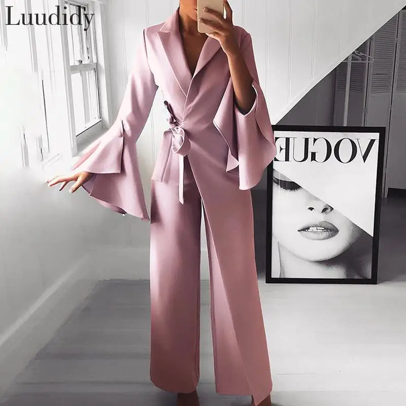 Women Elegant Workwear Flare Sleeve Wide Leg Pants Long Jumpsuit