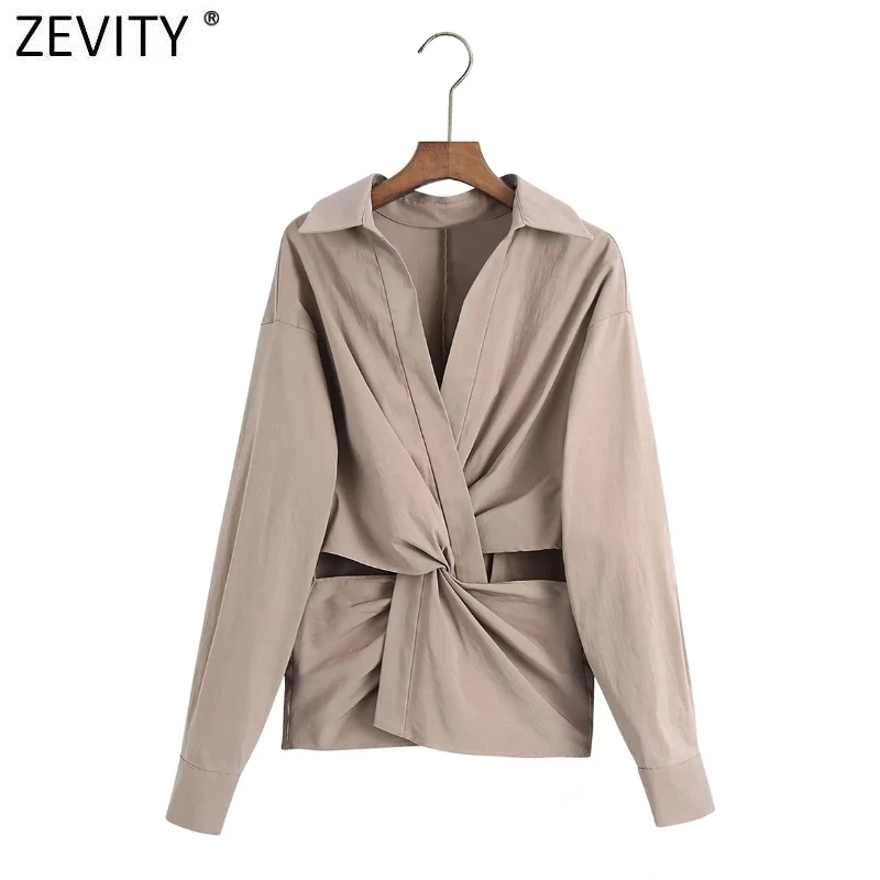 

Zevity Women Hollow Out Knotted Solid Poplin Shirt Chic Blusa Feminina Slim Kimono Blouse Ladies Roupas Camisa Smock Tops LS9803