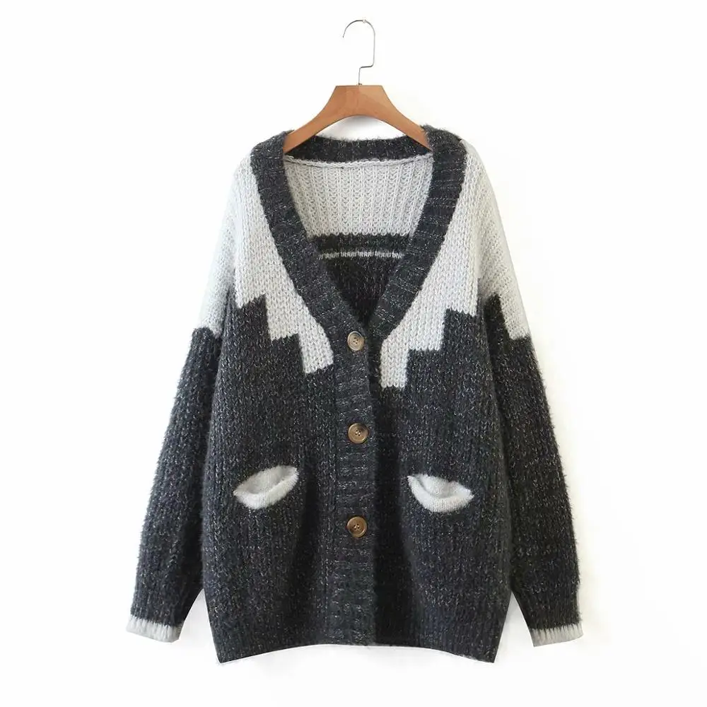 Женский жаккардовый свитер с карманами v-образным вырезом и длинным рукавом