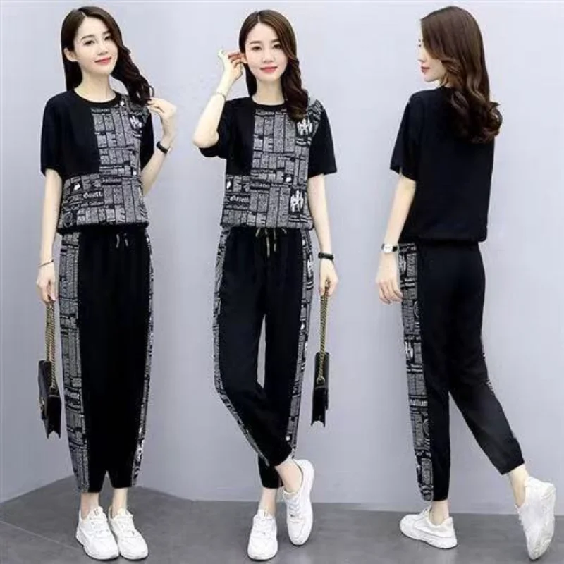 

Summer New Fat Girl Fashion Casual Printing Two - Piece Women 's Clothing Large Short Sleeve Exercise Running Outfit