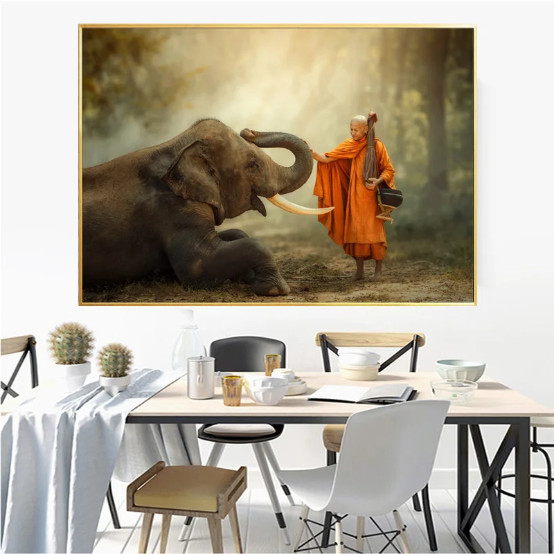 

SELFLESSLY HD Thailand Printing Painting Elephant Monk Walking Hiking with Canny Elephant in Forest For Bedroom Home Decor