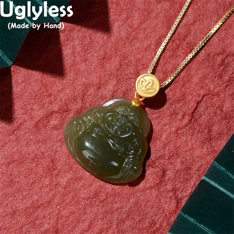 

Uglyless Natural Emerald Buddha Jade Maitreya Pendants for Women Religious Gifts Jewelry 925 Silver Figure Necklaces NO Chains