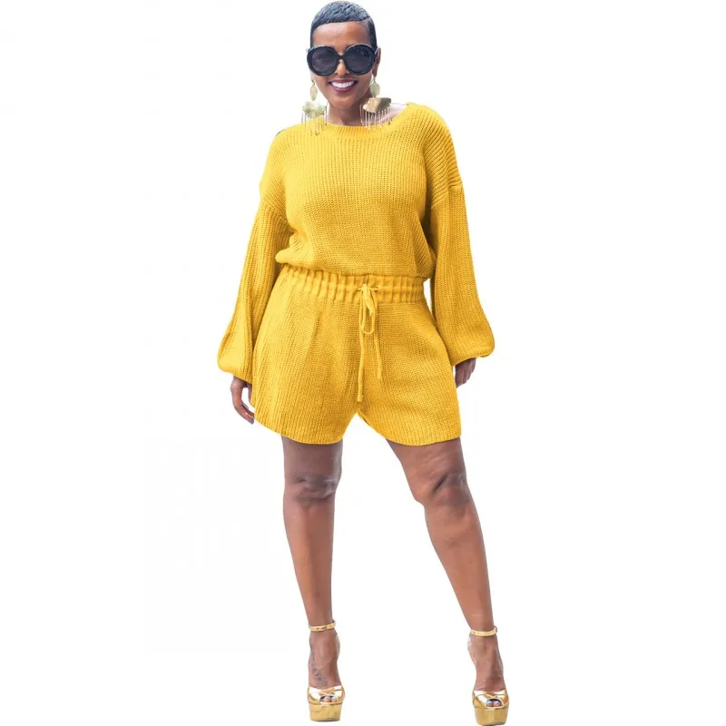 

Knitted Playsuit Women Jumpsuits O Neck Drawstring Straight Rompers Autumn New Solid Knitwear Sweater Casual Short Jumpsuit 2021