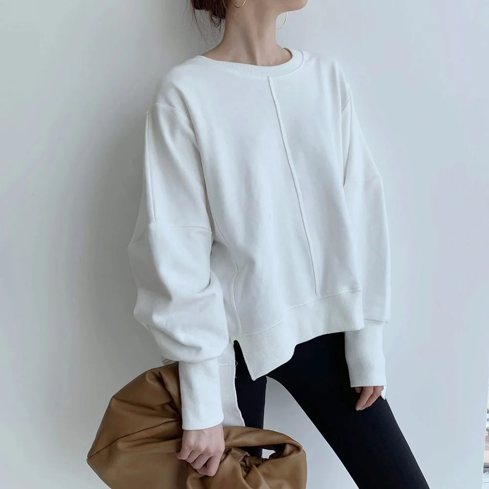 

Autumn Winter White Tops Korean Simple Design Round Neck Lantern Long Sleeve Aymmetrical Fashion Casual Women Hoodie Sweatshirt