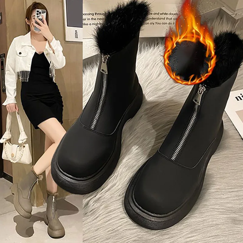

Women Heel Mid Calf Boots Shoes Warm Plush Zipper Waterproof Ankle Boots Female Platform Chelsea Shoes Slip On Casual 2021