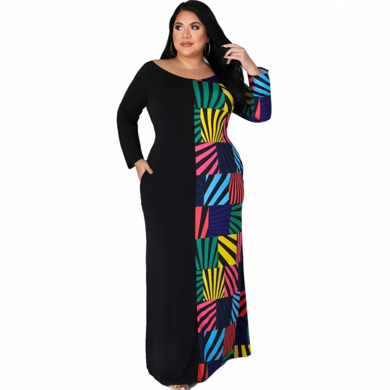 

4XL Plus Size Women Long Dress Full Sleeve O Neck Robes Autumn New Fashion Colorful Print Splice Casual Office Lady Maxi Dresses