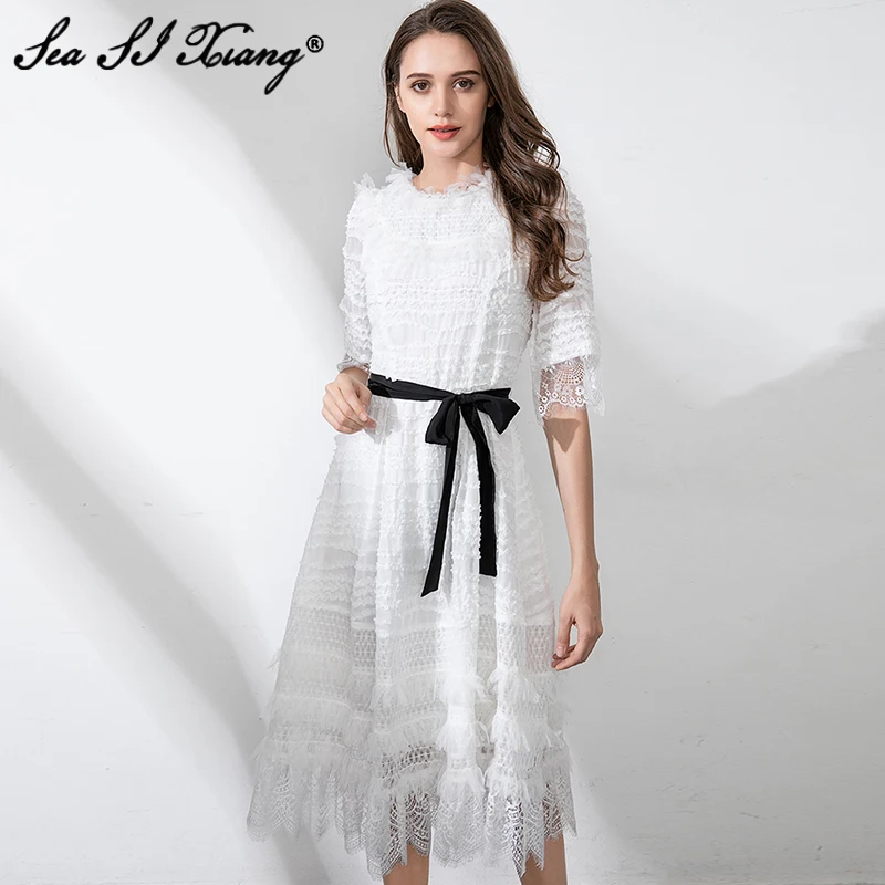 

Seasixiang Fashion Designer Spring Lace Dress Women O-Neck Short Sleeve Sashes Ruffle Elegant White Party Dresses