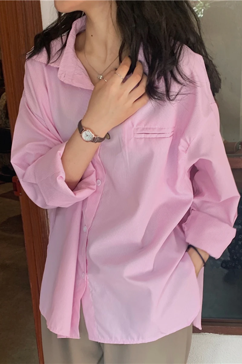 

Korean Summer Lapel Single Breasted Striped Blouses for Women Loose Sun Protection Long Sleeve Shirt Female Straight Top