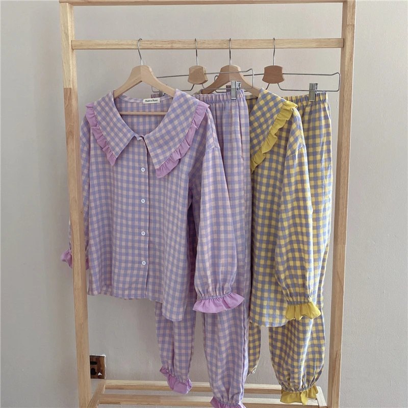 

CBAFU runway home suit peter pan collar plaid sleepwear spring autumn 2 piece set pants pyjamas trousers long sleeve tops M768
