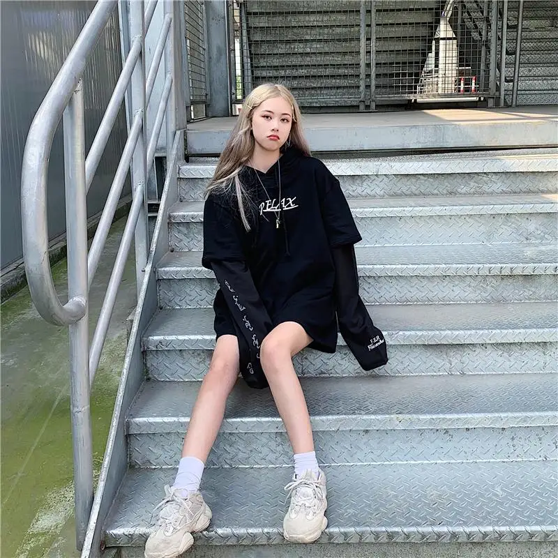 Толстовки Kpop размера плюс, Женская толстовка с буквенным принтом, уличная одежда, больше размера d, Гарри Стиль, толстовка с капюшоном, волшебная имитация двух частей, готический стиль, осень