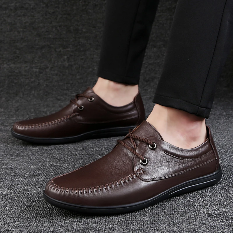 2021 New Spring Summer Men's Shoes Casual Breathable Platform Man Leather Genuine Classic Brown Black Hollow For Men | Обувь