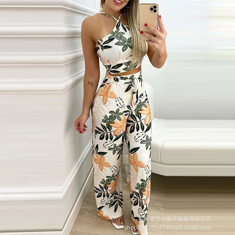 

Donsignet Women Suit 2021 New White Casual Sets Fashion Flowers Print Summer Lace-up Sleeveless Sexy Backless Casual Women Sets