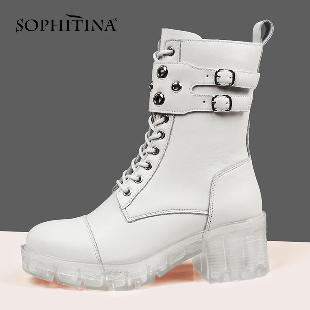 

SOPHITINA Fashion Women's Boots Crystal Transparent Thick Heels Round Toe Mid-calf Pin Buckle Genuine Leather Woman Boots NO154