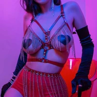 red leather sexy body bondage chain metal bralette bra top chest waist harness belt punk exotic woman adjustable strap fetish