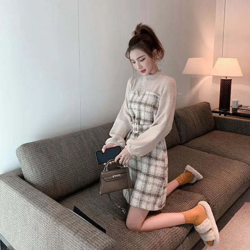

QWEEK Korean One-piece Dress Plaid 2021 Fashion Women Spring Autumn Korean Fashion Elegant Dresses for Women Long Sleeve Dress