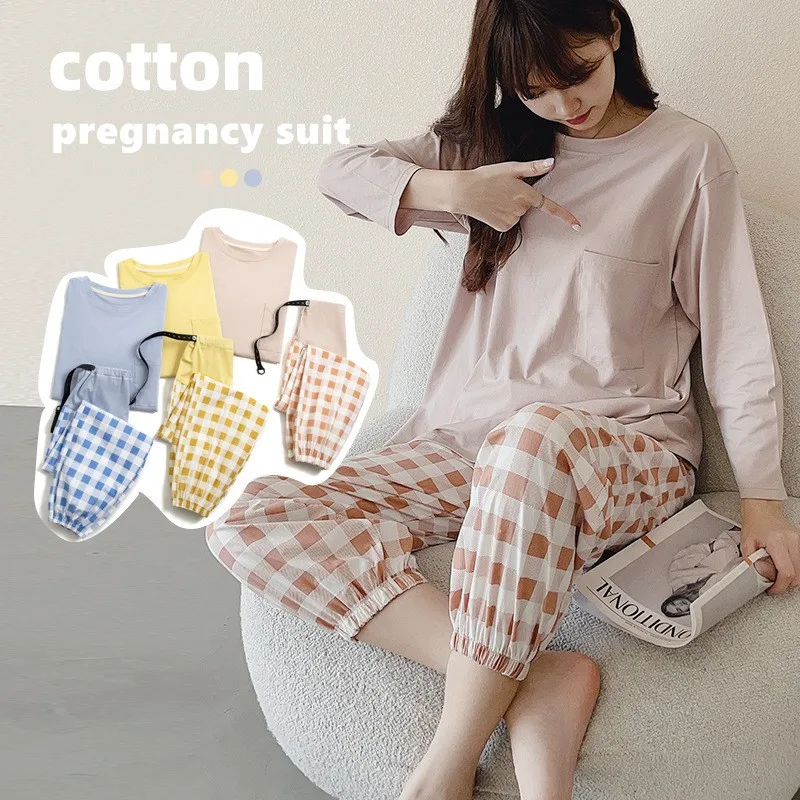 Pijamas de maternidad para mujeres embarazadas, ropa de dormir suelta de Color s&oacute;lido, Top + Pantalones a cuadros, conjunto de 2 piezas para el hogar, primavera y oto&ntilde;o, 2021-2