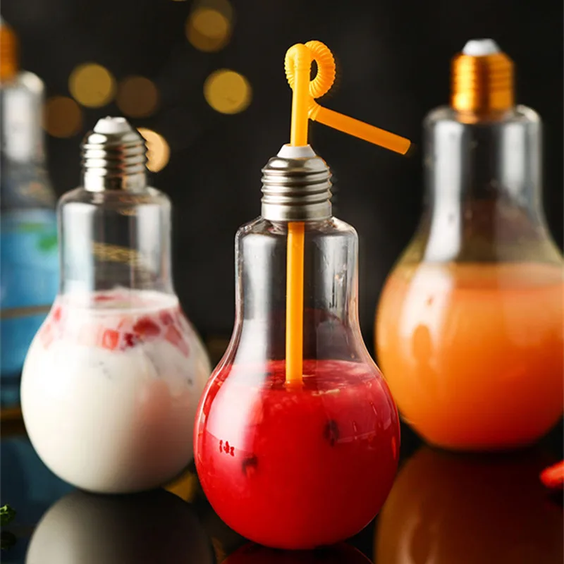 

25pcs High quality PET cold drink juice milk tea cup 100ml small creative light bulb shape diy transparent plastic cup with lid
