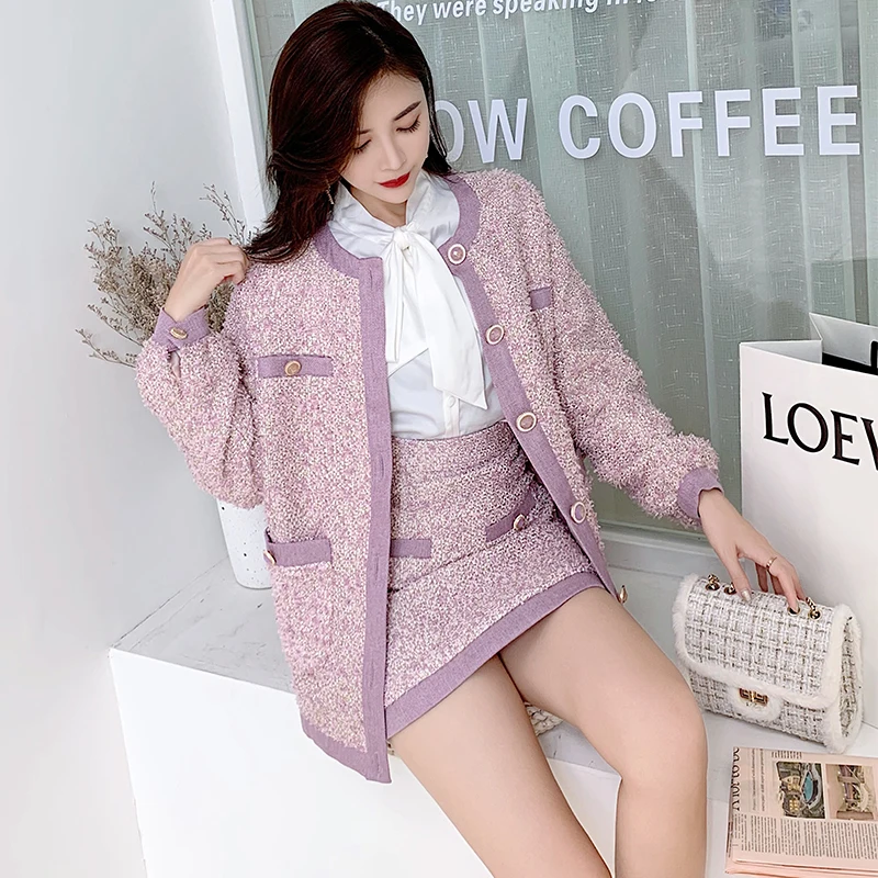 Новая мода осень твид комплект Для женщин элегантные Однобортный с длинным