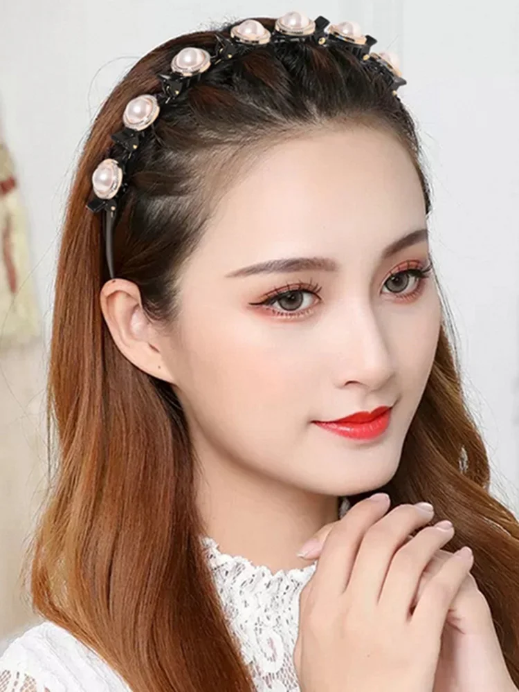 

Woman Crystal Double Band Hairband with Clips Hairstyle Headband Women Pearl Hair Accessorires Bezel Ladies Headwear