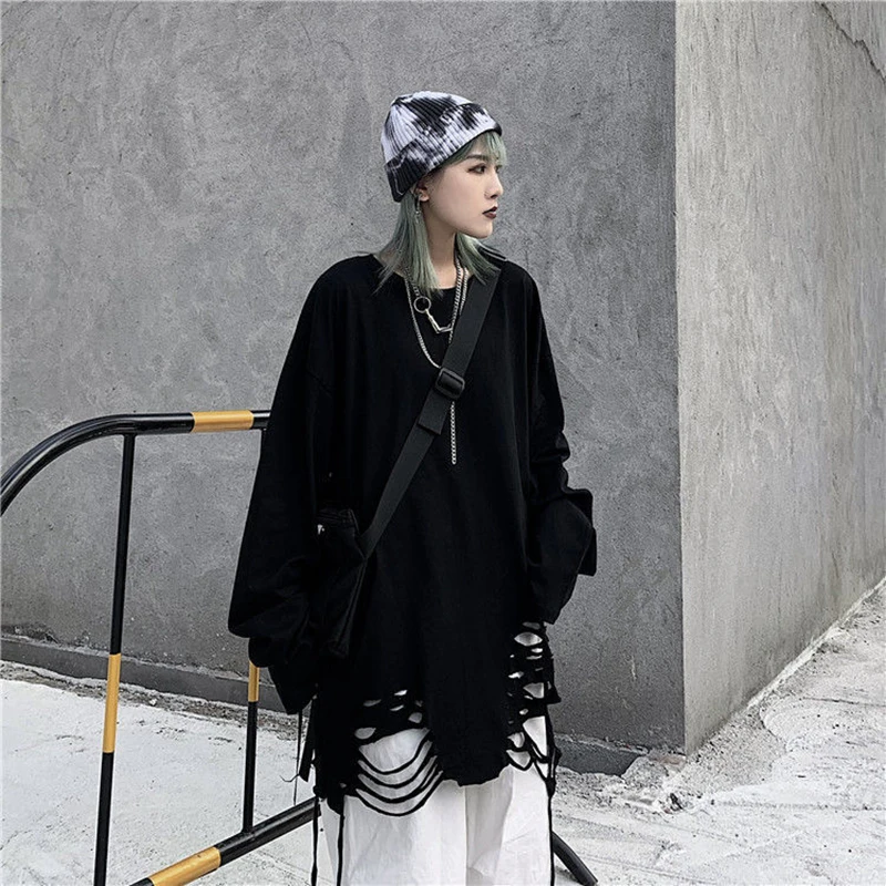 Футболка мужская с длинным рукавом рваная оверсайз в стиле хип-хоп панк 150 кг -