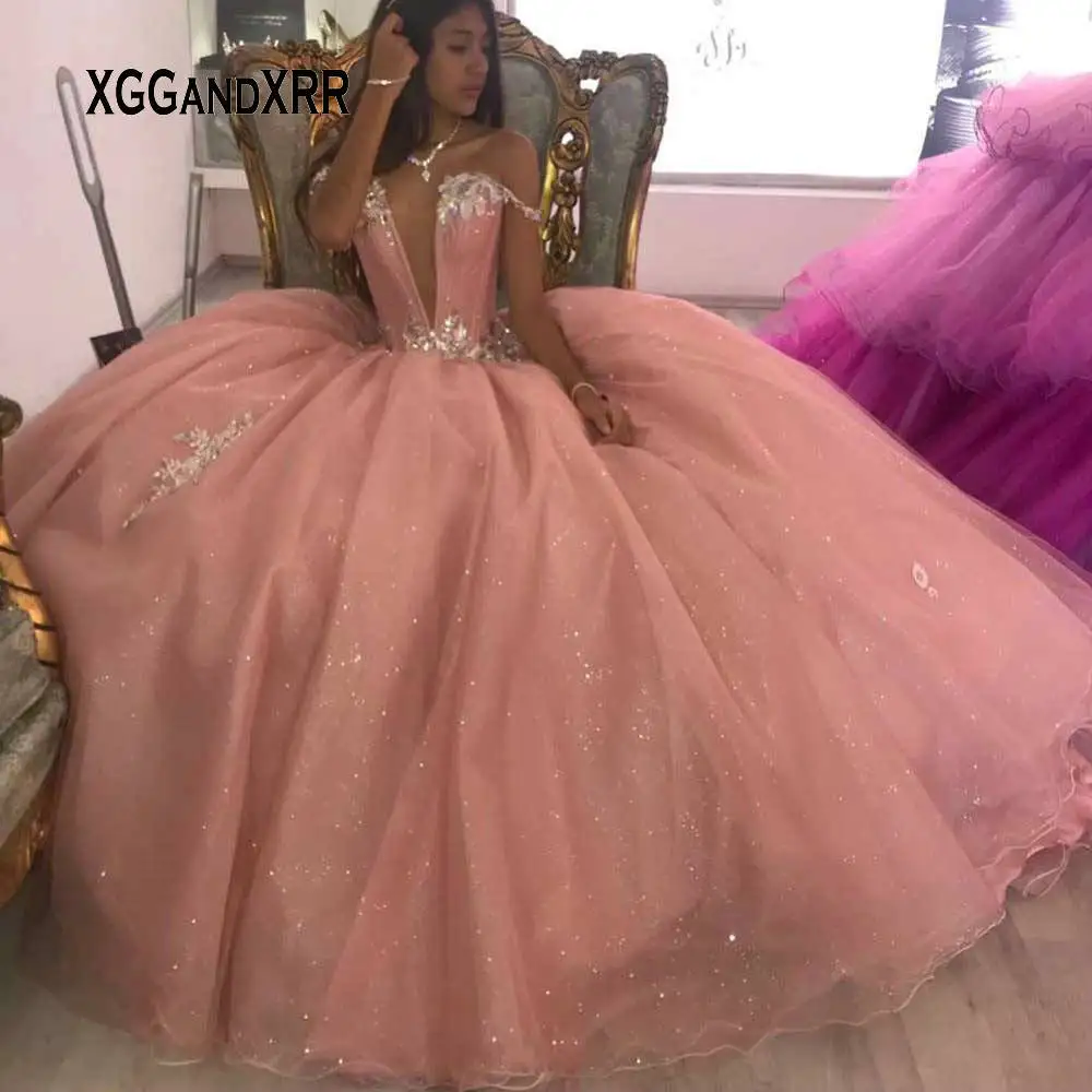 

Pink Ball Gown Quinceanera Dresses 2020 Deep V Neck Sweet 15 16 Dresses Backless Puffy Skirt Birhtday Party Sweep Train Lovely