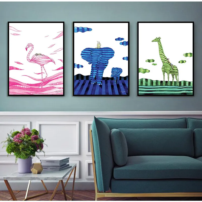 Мультфильм ясельного искусства Фламинго Слон Олень плакат ПОП настенный
