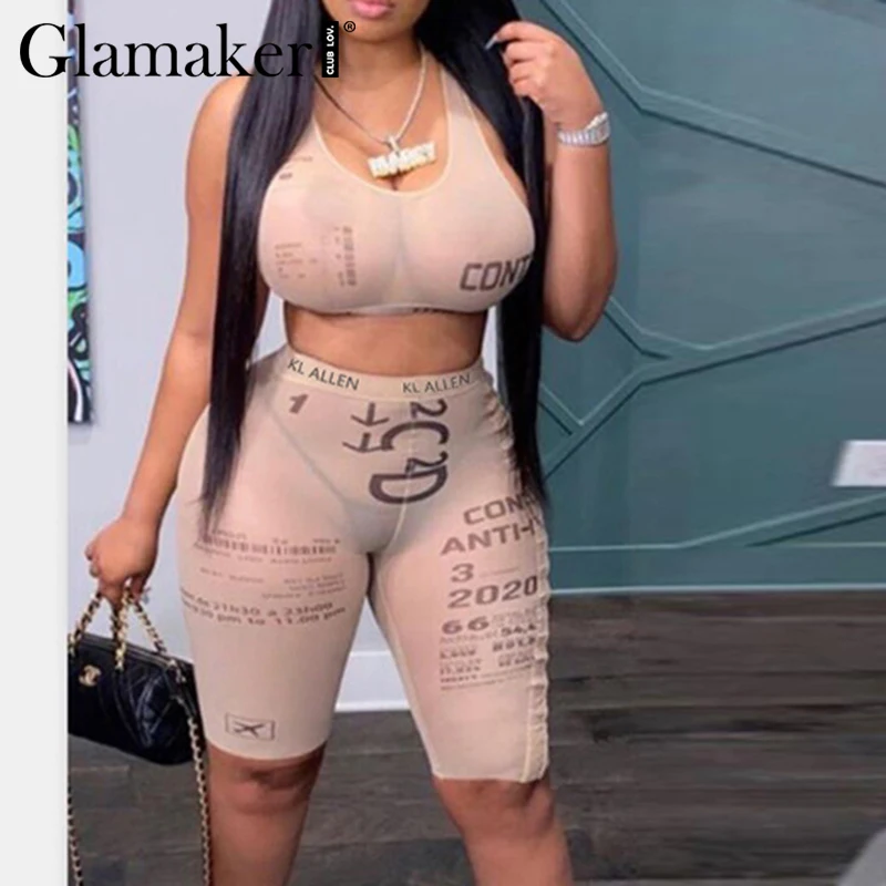 

Женские костюмы Glamaker, сезон весна-лето, сексуальный топ с открытой спиной и шорты с буквенным принтом, тонкая женская спортивная одежда, ком...