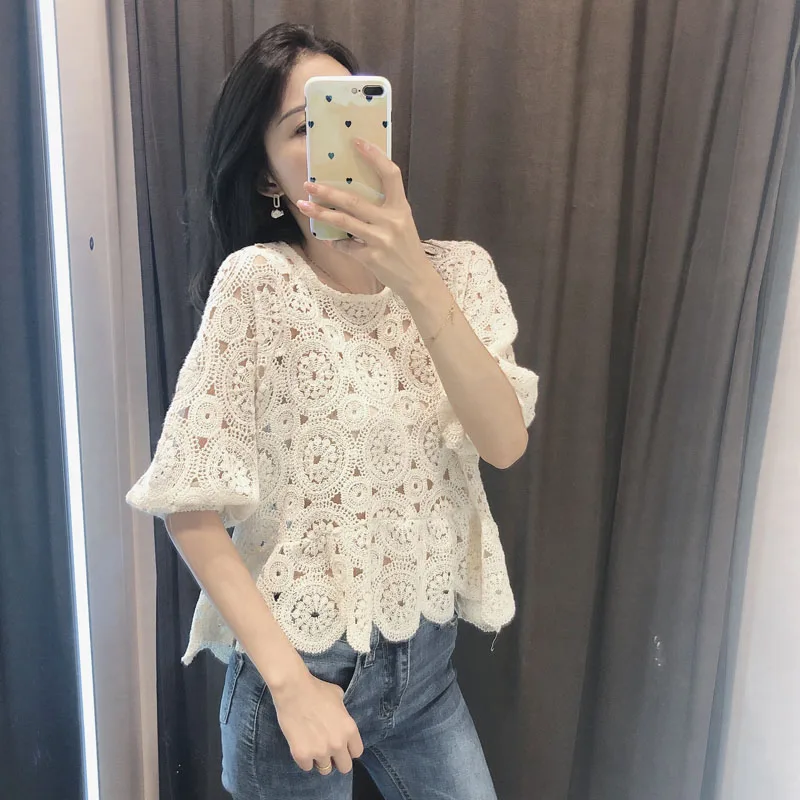 SESOAF Women Chic Lace Shirt Vintage Casual Floral Crochet Blouse Crop Fashion Elegant Hollow Out ladies tops Summer tunic | Женская