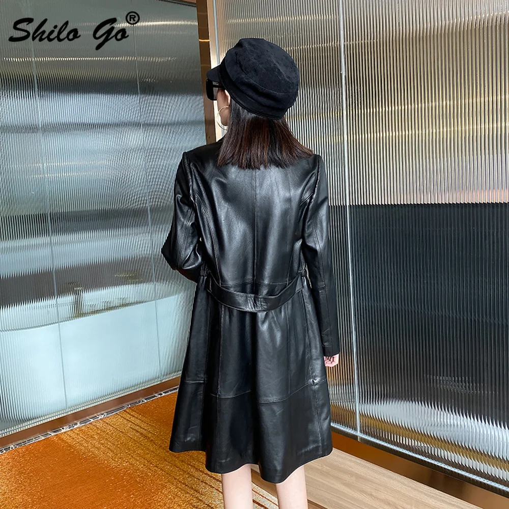 

Elegant Notched Neck Single Button Knee-Length Trench Women Office Lady Solid Plus Size Genuine Leather Coat Sheepskin Outwear