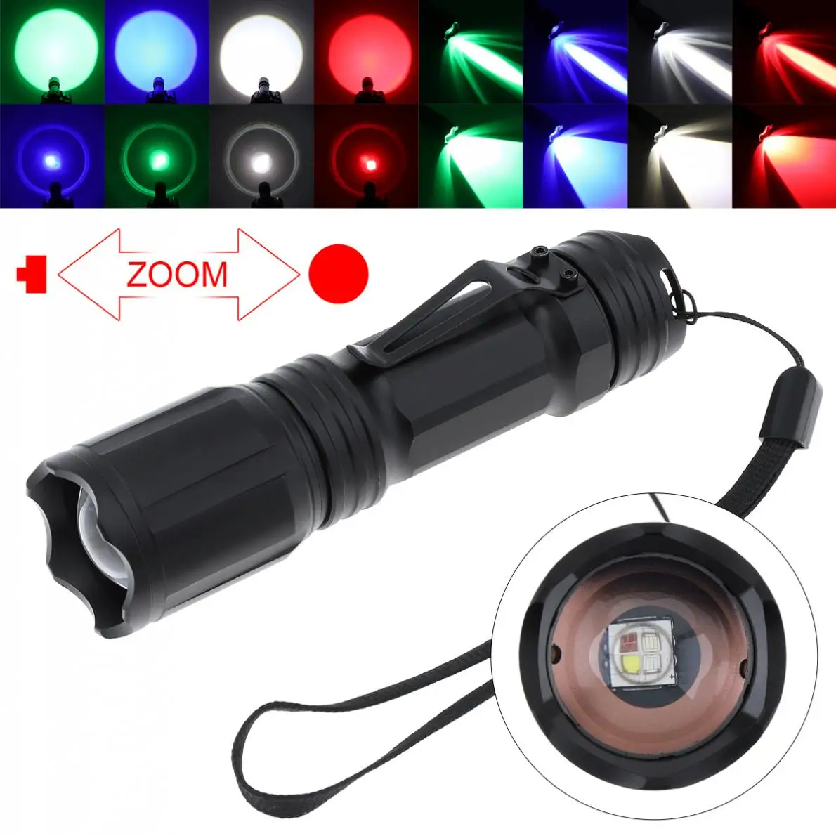 

X004 4 Colors in 1 Red Green Blue White Light LED Tactical Flashlight Waterproof Zoomable for Outdoor Activities