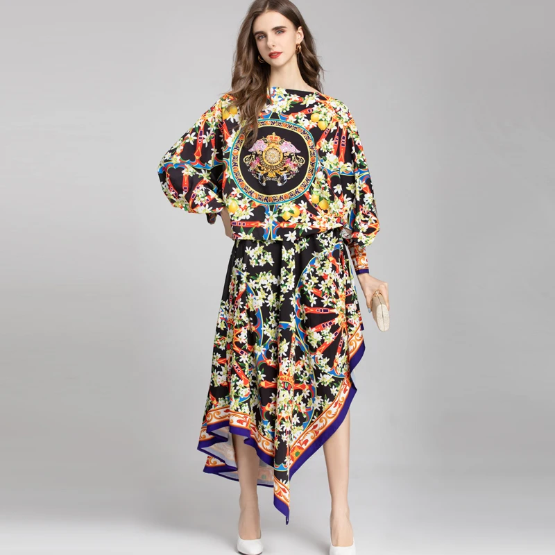 

JESHIAOMIA- 2021 Summer Floral Print Top & Asymmetrical Skirt Set