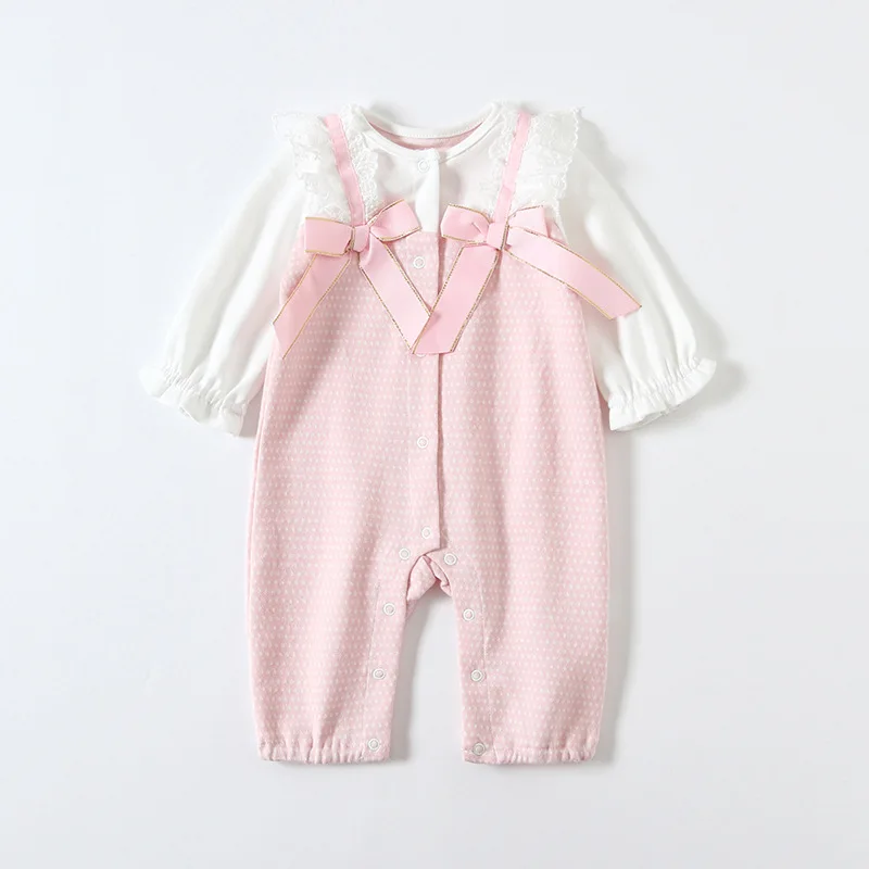 Детский кружевной комбинезон в горошек с длинным рукавом и бантом|Ромперы| |