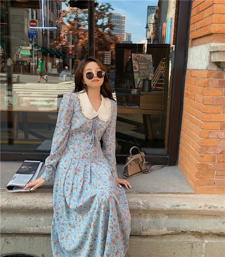 

Women Casual Autumn Dress Lady Korean Style Vintage Floral Printed Doll Collar Long Sleeve Vestido