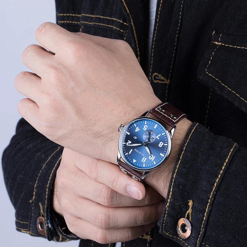 

Men Quartz Watch Fashion Large Round Dial Leather Band Male Men Gifts Brown Shockproof Mineral Glass Reloj Mujer