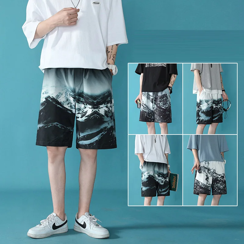 

45KG-100KG Summer Cool Snow Mountain Print Printed Mens Shorts Drawstring Waist Loose Bermuda Shorts 4XL 5XL