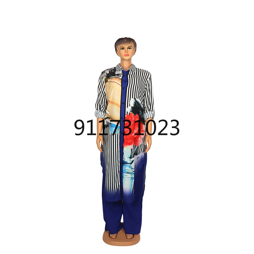 2021 Traditional African Clothing Two Piece Set Women Africaine Stripe Print Bodycon Tops And Pants Clothes | Тематическая одежда