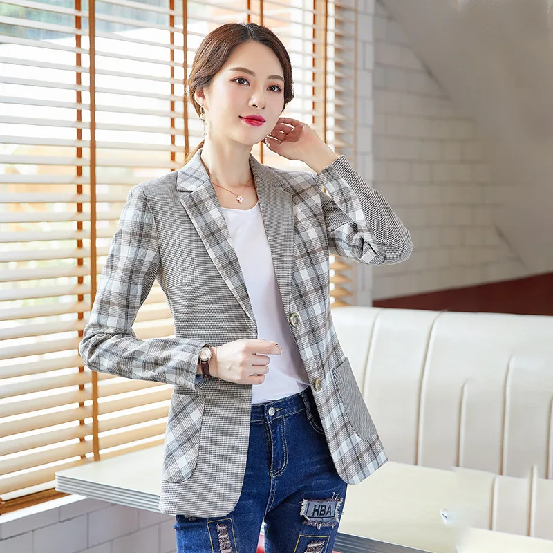 Женский блейзер в клетку офисный пиджак с длинным рукавом западном стиле модель