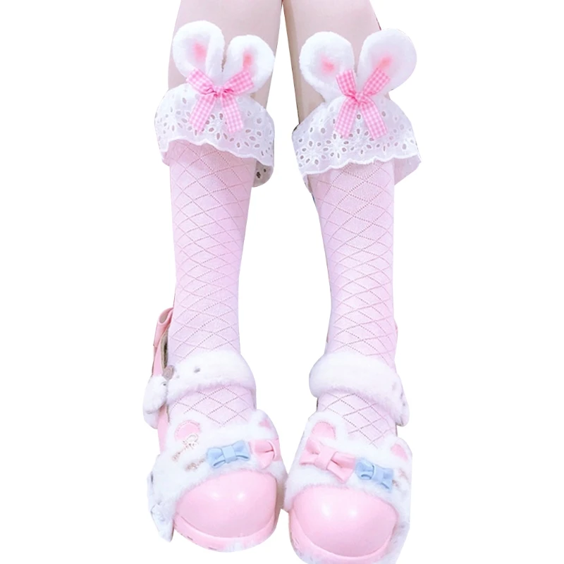 

2021 New Lolita Kawaii Cotton Crew Socks Plush Rabbit Bunny Ears Bow Lace Anime Hosiery