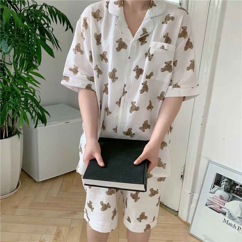 

summer couple homewear women nightgowns bear print cartoon pajamas set men sleepwear 2 piece set soft crepe full cotton Y694