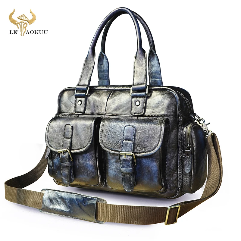 Famous Designer Soft Natural Leather Fashion Blue Male Briefcase Business Laptop Case Attache Messenger Tote Bag For Men 061