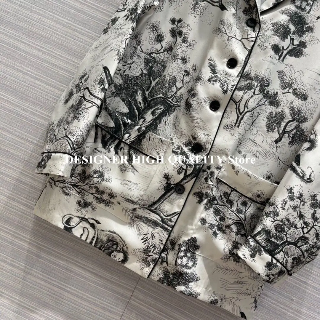 Vintage Ink Print Animal Pattern Women's Pajamas 2021 New Fashion 100% Silk Shirt With Long Pants Suit Runway Designer Pajama