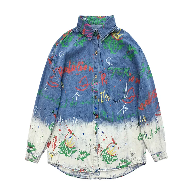 

QING MO Women Denim Coat 2021 Spring Women Graffiti Printing Coat Gradient Shirt Women Irregular Outwear ZQY6468
