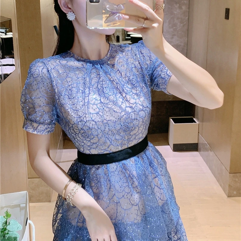 

Newest Runway Desigher Summer Holiday Dress Women Mesh Ruffles Sequined Short Sleeve Flower Slim Waist Mini Dresses