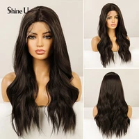 long wavy black brown lace front synthetic wigs for women t part hd transparent lace frontal wig natural high density daily wig